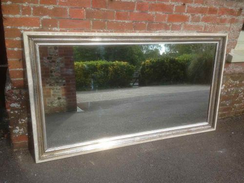 A Highly Unusual Large French Original Decorative Carved Wood & Gesso Silver, Gilt & Cream Ribbed Framed Mirror.