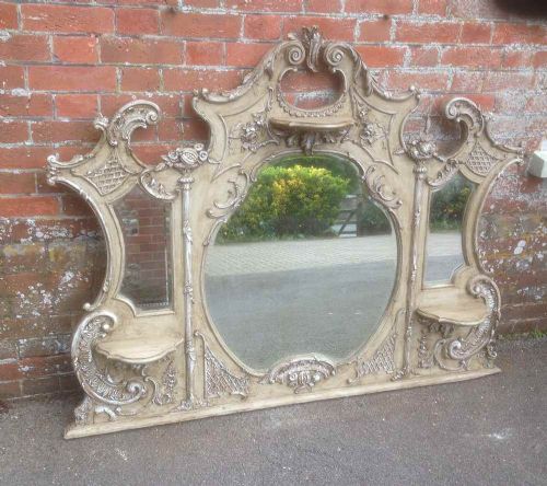 A Highly Unusual Large Antique 19th Century French  Carved Wood Overmantal Mirror.