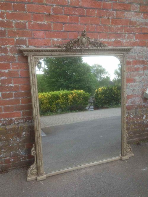 A Very Useful Large Antique 19th Century French Grey Painted Carved Wood & Gesso Overmantel Mirror.