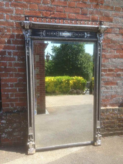 A Stunning Antique 19th Century Large French Carved Wood & Gesso Silvered Black Painted Mirror.