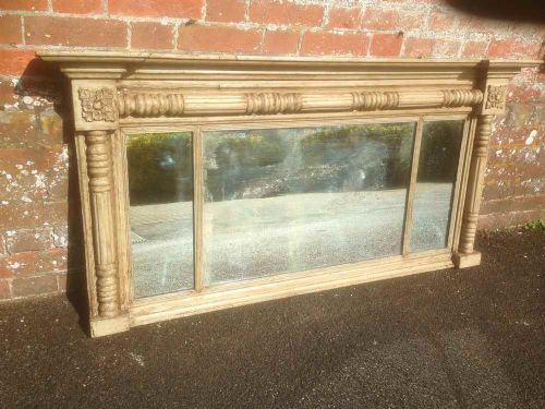 A Very Useful Size 3 Section Early Antique 19th Century French Carved Wood Painted Overmantal Mirror.