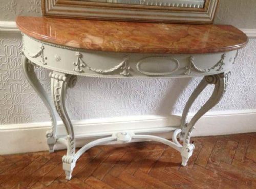 A Good Size Antique 19th Century French Carved Wood Painted Shaped Free Standing Console Table.