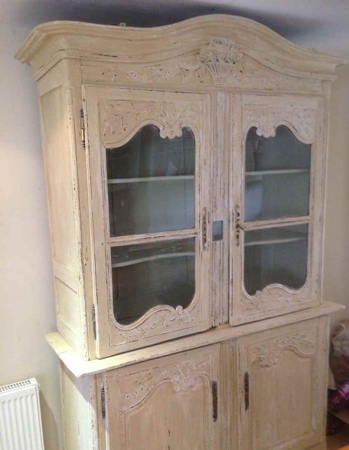 A Stunning Highly Decorative Distressed Painted Early Antique 19th Century French Carved Wood 2 Part Buffet De Corps.