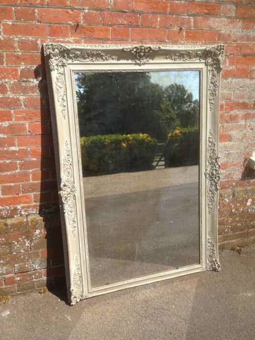 A Large Early Antique 19th Century French Carved Wood Distressed Painted Overmantel Mirror.