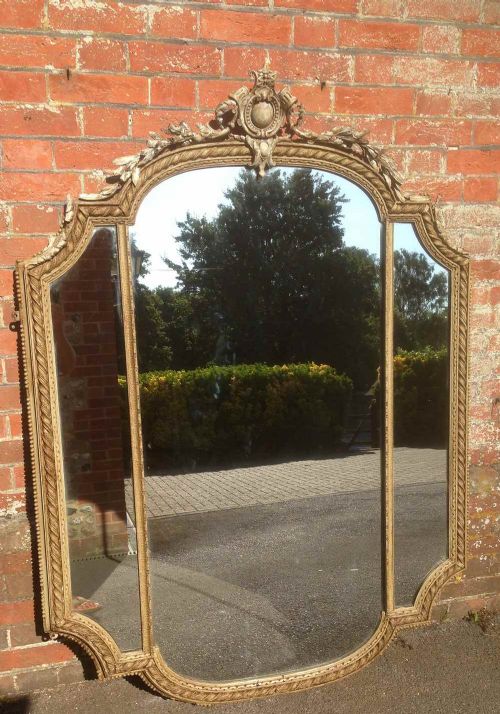 A Stunning Large Antique 19th Century French Carved Wood and Gesso Shaped Top and 3 Section Mirror.