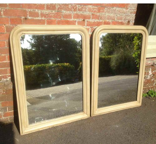 A Very Near Pair of Antique 19th Century French Carved Wood and Gesso Arched Top Painted Louis Phillipe Mirror