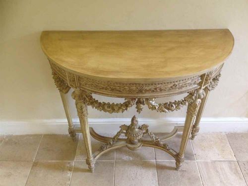 A Fabulous Highly Decorative Antique Cream 19th Century French Carved Wood Painted Demi-lune Console Table.