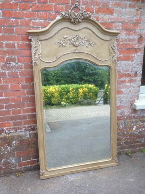 A Stunning Large Shaped Top Antique 19th Century French Carved Wood Painted Mirror.