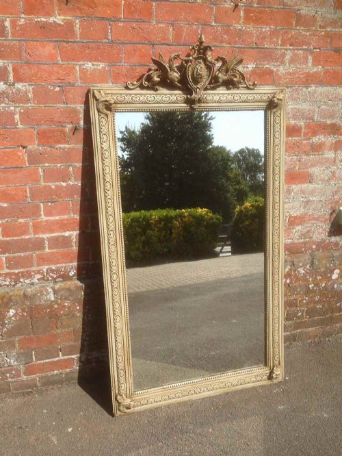 An Unusual Large Antique 19th Century French Carved Wood & Gesso Painted Mirror.
