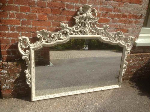 A Good Size Early 20th Century Carved Wood Distressed Painted Italian Overmantel Mirror.
