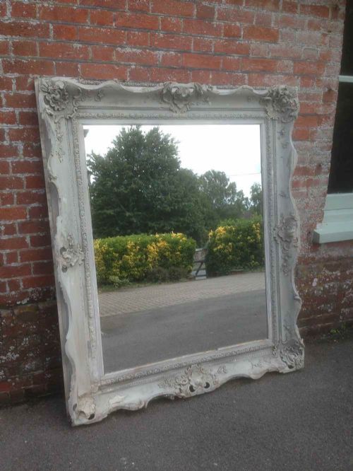 A Stunning Large Highly Decorative Large Antique 19th Century English Distressed Painted Carved Wood & Gesso Mirror.