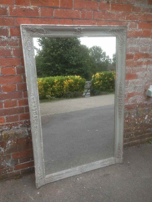 A Large 19th Century French Distressed Grey Painted Overmantel Mirror.