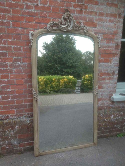 A Wonderful Large Antique 19th Century French Carved Wood & Gesso Painted Arched Top Mirror.