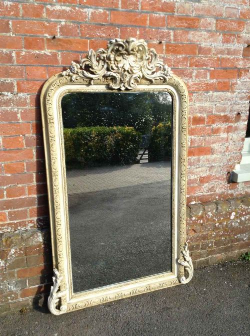 A Fabulous Large Antique 19th Century French Carved Wood & Gesso Painted Arched Top Mirror with Ornate Crest.