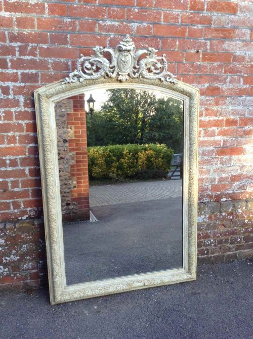 A Very Useful Size Large Antique 19th Century French Painted Carved Wood & Gesso Mirror.