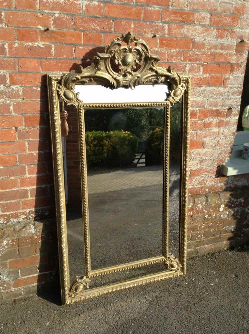 A Fabulous Large Antique 19th Century French Carved Wood and Gesso Distressed Cushion Mirror.