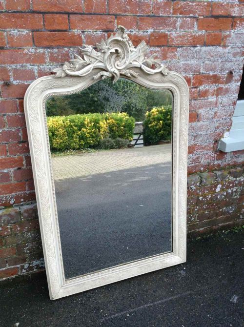 A Highly Decorative Antique 19th Century French Original White Painted Carved Wood & Gesso Shaped Top Mirror.