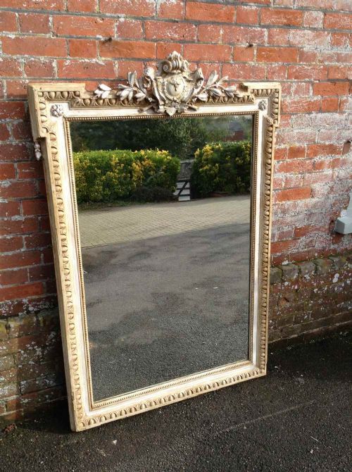A Large Antique 19th Century French Highly Decorative Carved Wood and Gesso Cream Painted Mirror.