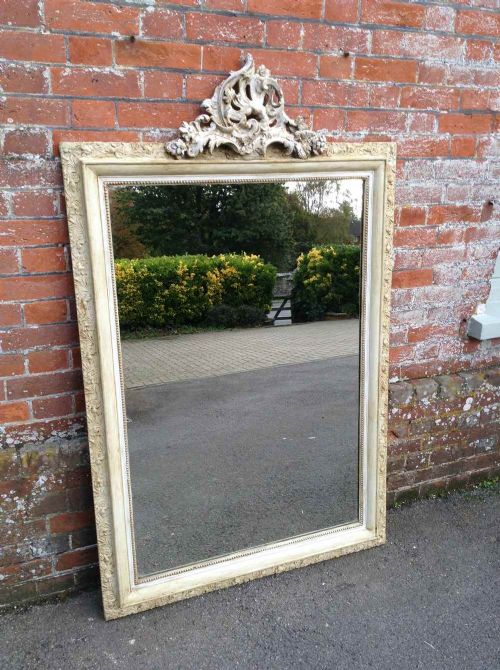 A Good Size Large Antique 19th Century French Carved Wood and Gesso Cream Painted Mirror.