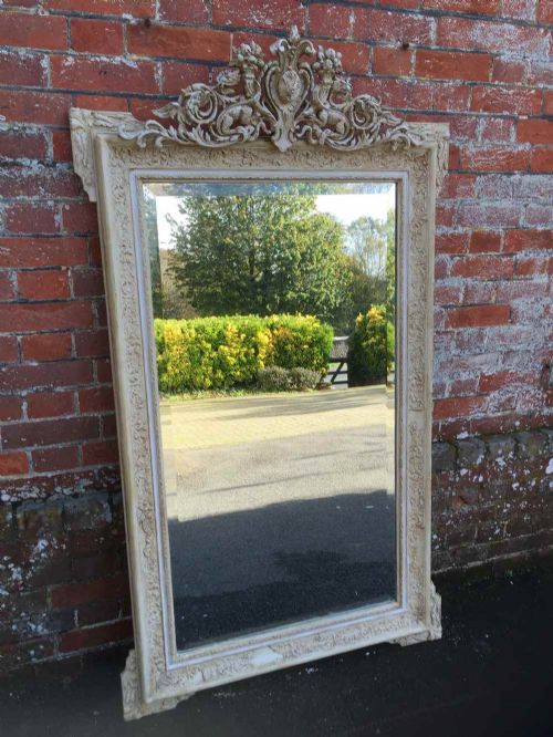 A Large Decorative Antique 19th Century French Carved Wood and Gesso Cream Painted Mirror.