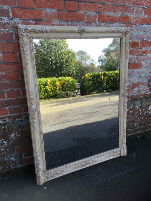 A Very Useful Size Large Antique 19th Century French Carved Wood and Gesso Painted Cream Mirror.