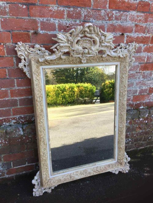 A Stunning Highly Unusual Antqiue 19th Century French Decorative Cream Painted Carved Wood and Gesso Mirror.