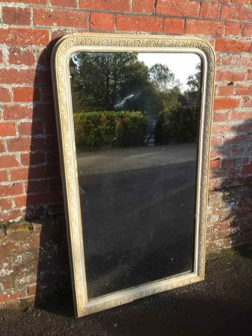 A Useful Size Antique 19th Century French Carved Wood & Gesso Painted Cream Arched Top Mirror.