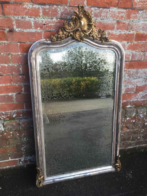 A Fabulous Original Early Antique 19th Century French Distressed Silvered & Gilt Shaped Top Mirror.
