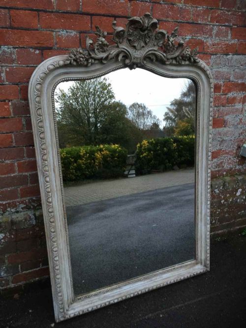 A Highly Decorative Large Antique 19th Century French Carved Wood & Gesso Painted Shaped Top Mirror.