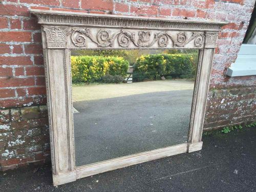 A Large Antique 19th Century French Carved Wood and Gesso Painted Distressed Overmantel Mirror.