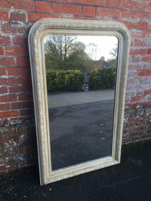 A Good Size Plain Antique 19th Century French Carved Wood and Gesso Cream Painted Arched Top Mirror.