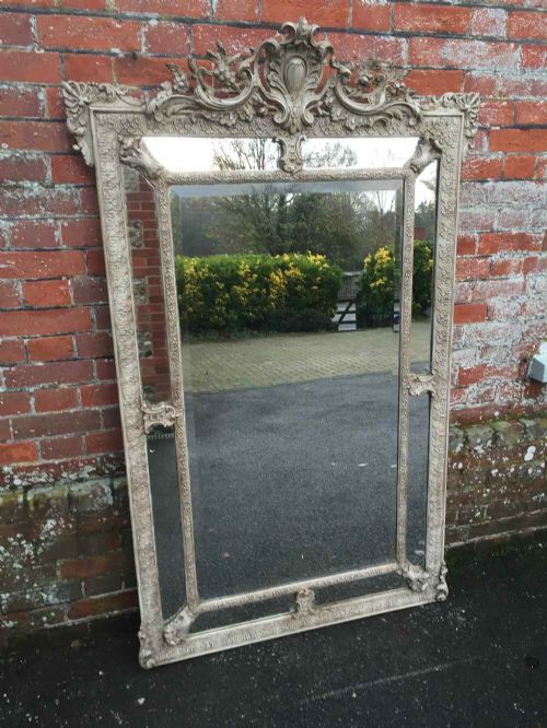 A Stunning Large Antique 19th Century French Carved Wood & Gesso Painted Cushion Mirror.