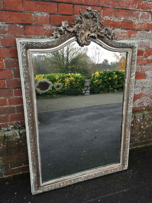 A Fabulous Antique 19th Century Shaped Top French Carved Wood & Gesso Silvergilt Distressed Painted Mirror.