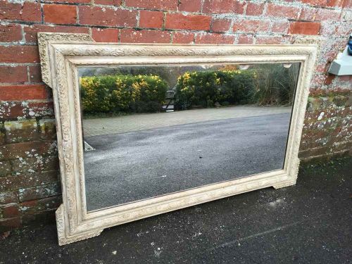 A Large Antique 19th Century French Carved Wood & Gesso Painted Plain Mirror.