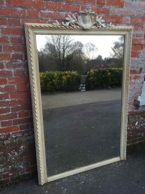 A Large Highly Decorative Antique 19th Century French Carved Wood & Gesso Cream Painted Mirror.