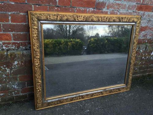 A Very Useful Size Early Antique 19th Century French Original Carved Wood and Gesso Silver & Gilt Mirror.