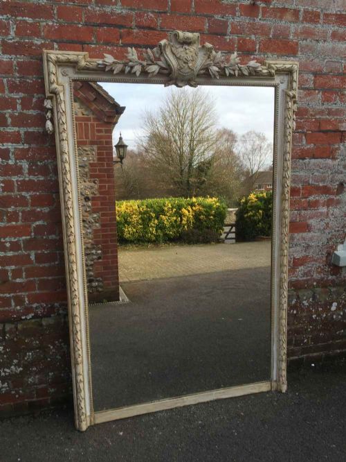 A Stunning Large Antique 19th Century French Painted Carved Wood and Gesso Laurel Leaf Framed Mirror.