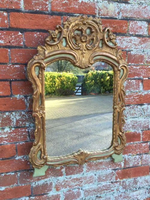 A Good Size Original Antique 19th Century Italian Carved Wood and Gesso Gilt and Green Painted Mirror.
