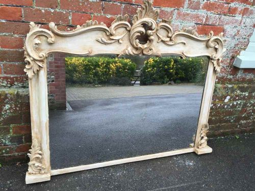 A Stunning Unusual & Very Useful Size Antique 19th Century French Carved Wood Distressed Painted Overmantel Mirror.