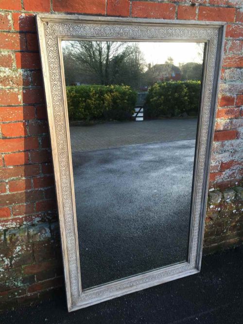 A Very Useful Size Large Early Antique 19th Century French Carved Wood and Gesso Painted Mirror.