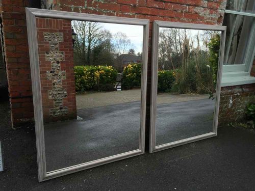 A Large Pair of Original Painted Antique 19th Century French Distressed Plain Framed Mirrors