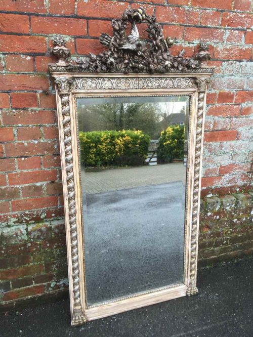 A Highly Decorative Large Antique 19th Century Original French Carved Wood & Gesso Painted & Silvered Mirror.