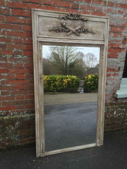 A Large Antique 19th Century French Carved Wood & Gesso Painted Distressed Mirror.