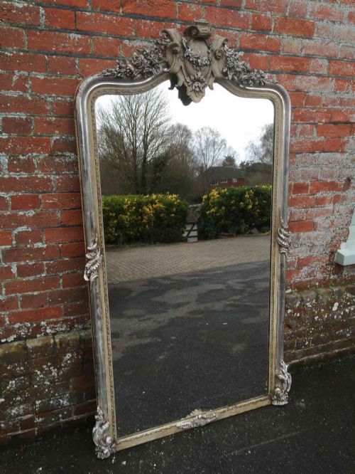 An Absolutely Stunning Highly Decorative Large Antique 19 Th Century French Carved Wood & Gesso Silvered and Painted Mirror.