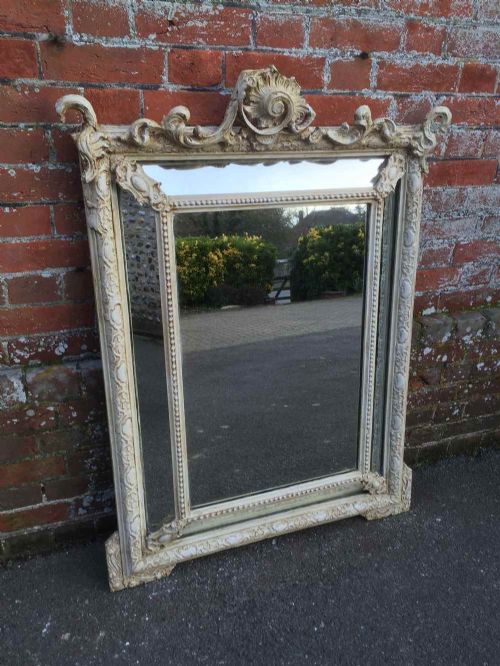 A Useful Size Unusual Antique 19th Century French Carved Wood & Gesso Painted Cushion Mirror.