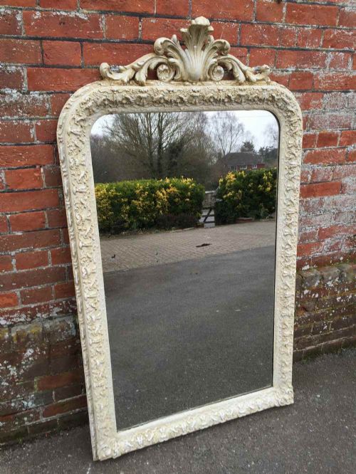 A Highly Decorative Large Antique 19th Century French Carved Wood and Gesso Painted Arched Top Mirror.