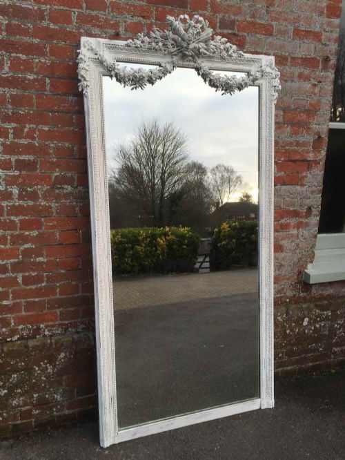 A Stunning Large Highly Decorative 19th Century Antique French Carved Wood & Gesso Distressed Painted Mirror.