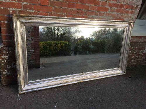 A Highly Unusual Large Antique French 19th Century Original Carved Wood & Silvered Distressed Mirror.

