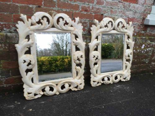 An Unusual Pair of Antique Late 19th Century French Carved Wood Ornate Painted Mirrors.