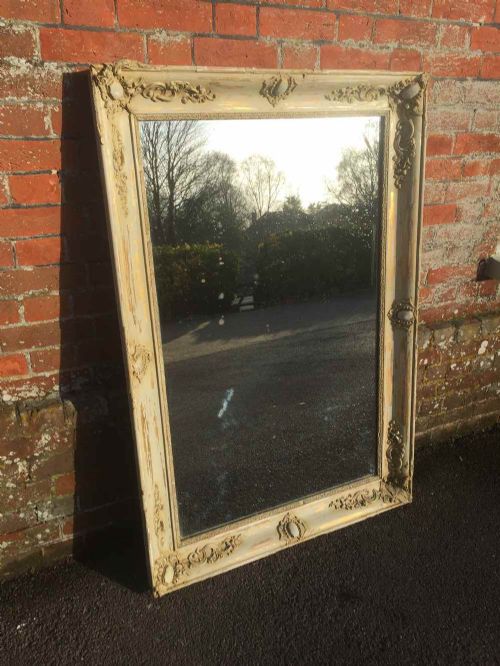 A Highly Decorative Large Early Antique 19th Century French Carved Wood and Gesso Distressed Louis Philippe Mirror.